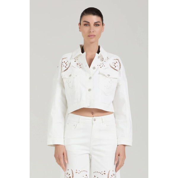 Giubbotto crop da donna TAKE TWO DK02209 con ricami traforati